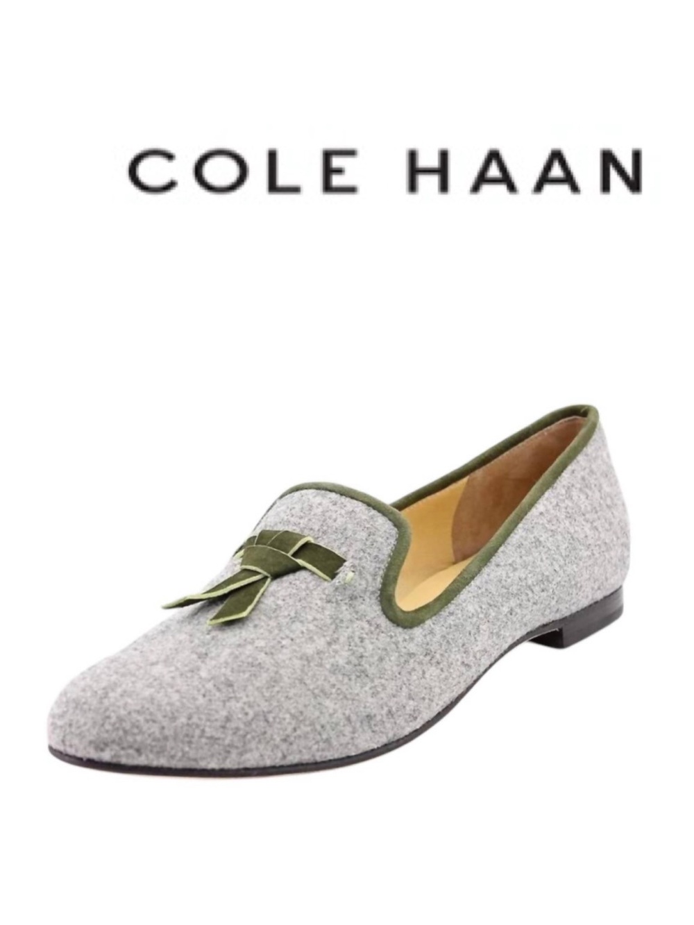 Cole Haan Gray Felt Loafer with Olive Trim and Bow Accent
